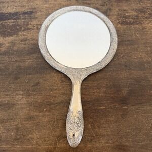 Vintage Victorian Vanity Hand Held Mirror Silver Plate Ornate Floral Heavy